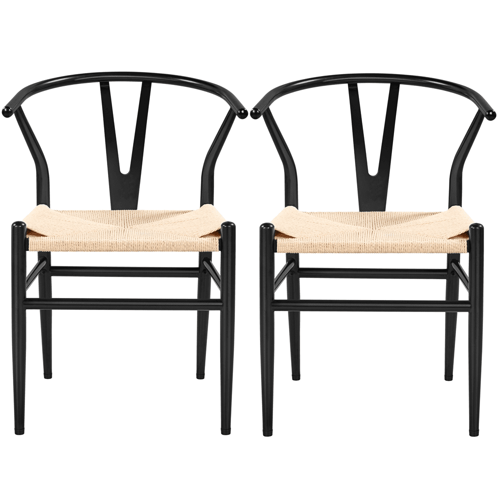 Alden Design Mid-Century Metal Dining Chairs with Woven Hemp Seat. Set of 2. Black