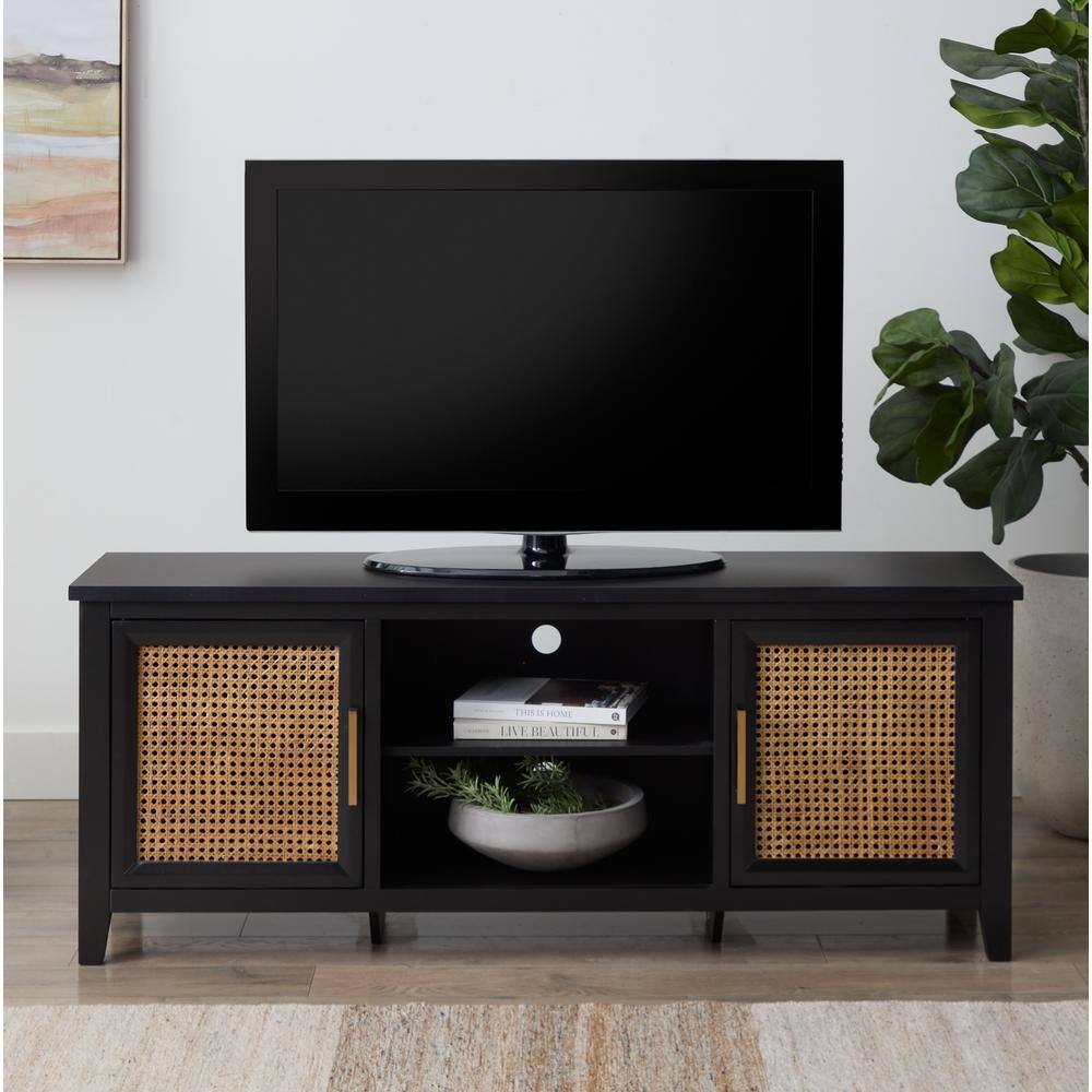 Brookside  Bridget 60 in. Quick Assembly Black Wood TV Stand with Natural Cane-Doors Fits TV-s up to 65 in. With Cable Management