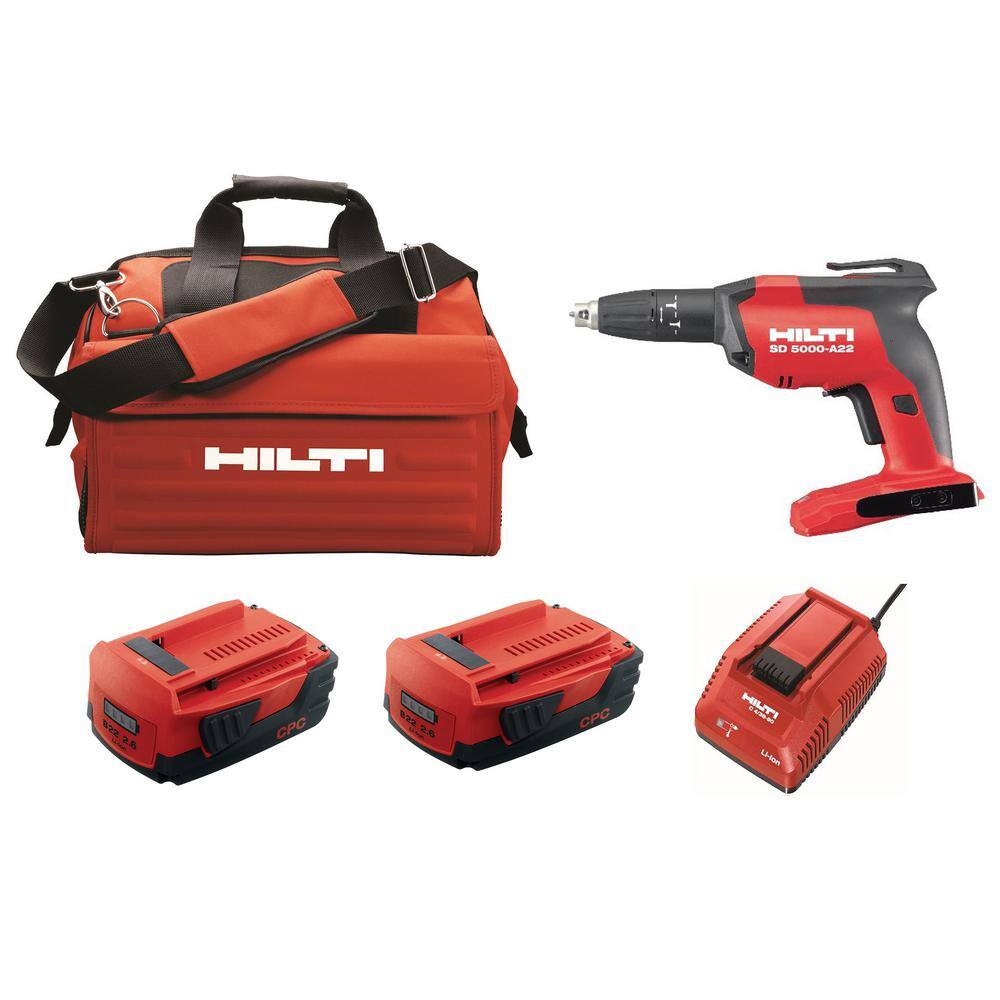 Hilti 3661502 22-Volt Cordless Brushless SD 5000 Drywall Screwdriver Kit with Charger. (2) 2.6 Ah Batteries Pack. Bit. and Bag