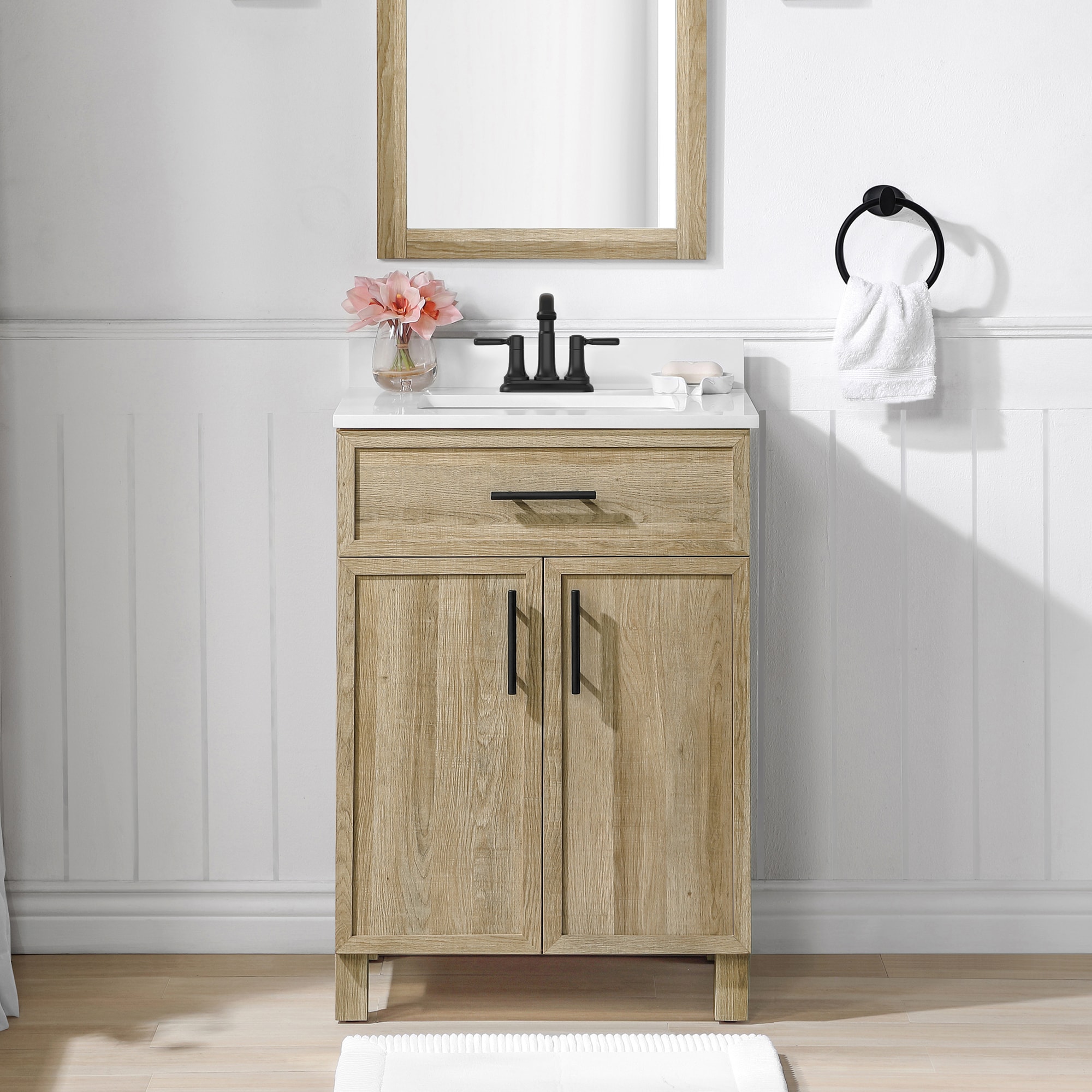 Style Selections Dolton 24-in Natural Oak Undermount Single Sink Bathroom Vanity with White Engineered Stone Top (Mirror Included)