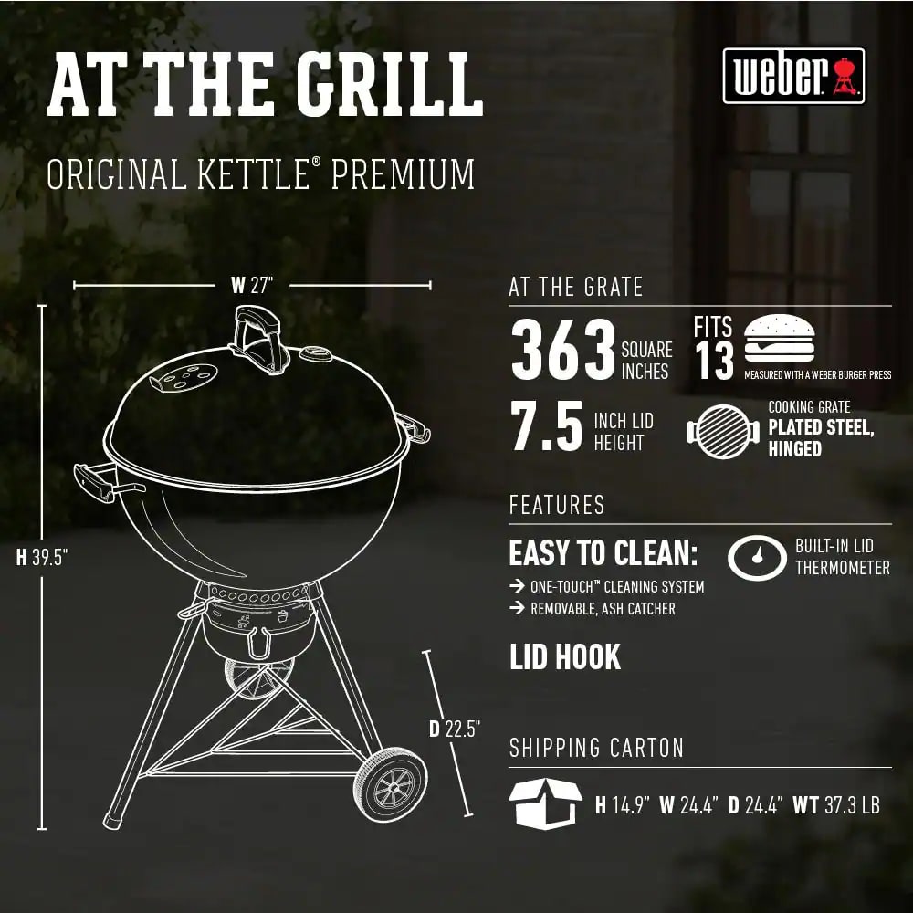 Weber 14401001 22 in. Original Kettle Premium Charcoal Grill in Black with Built-In Thermometer