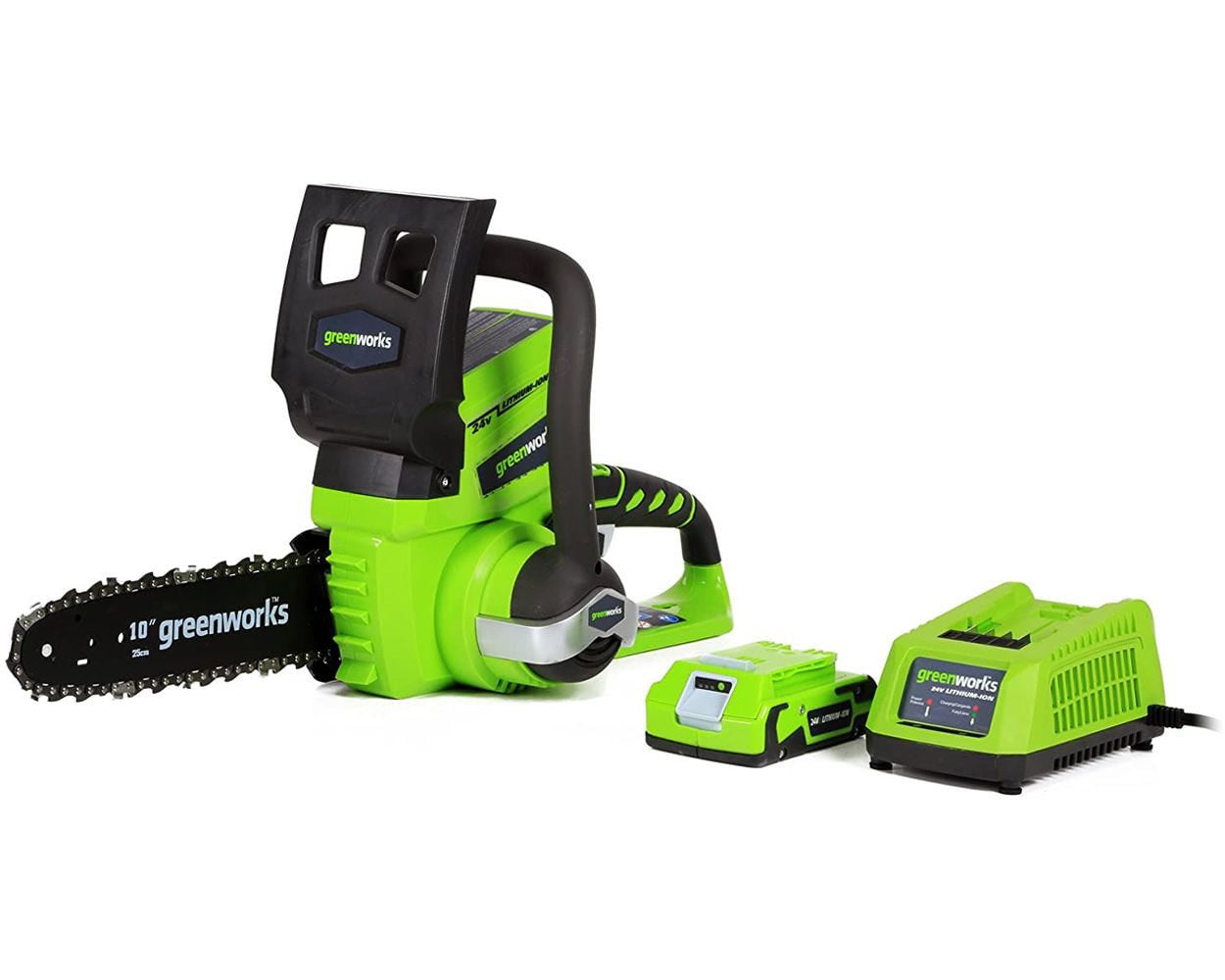 Greenworks 24V 10″ Cordless Chainsaw with 2.0 Ah Battery and Charger. 20362