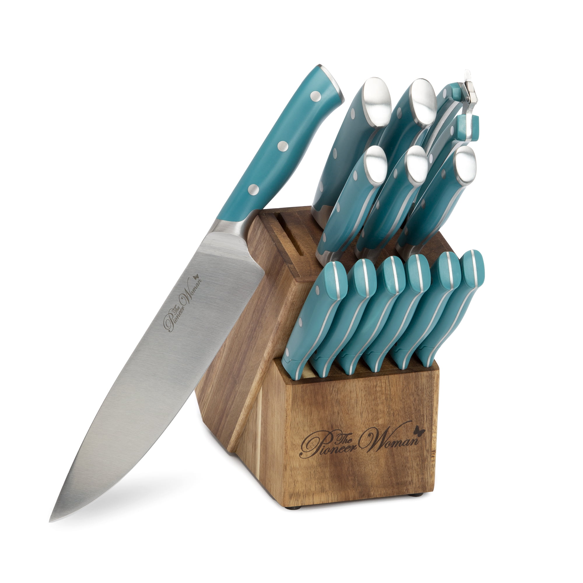 The Pioneer Woman Pioneer Signature 14-Piece Stainless Steel Knife Block Set. Teal