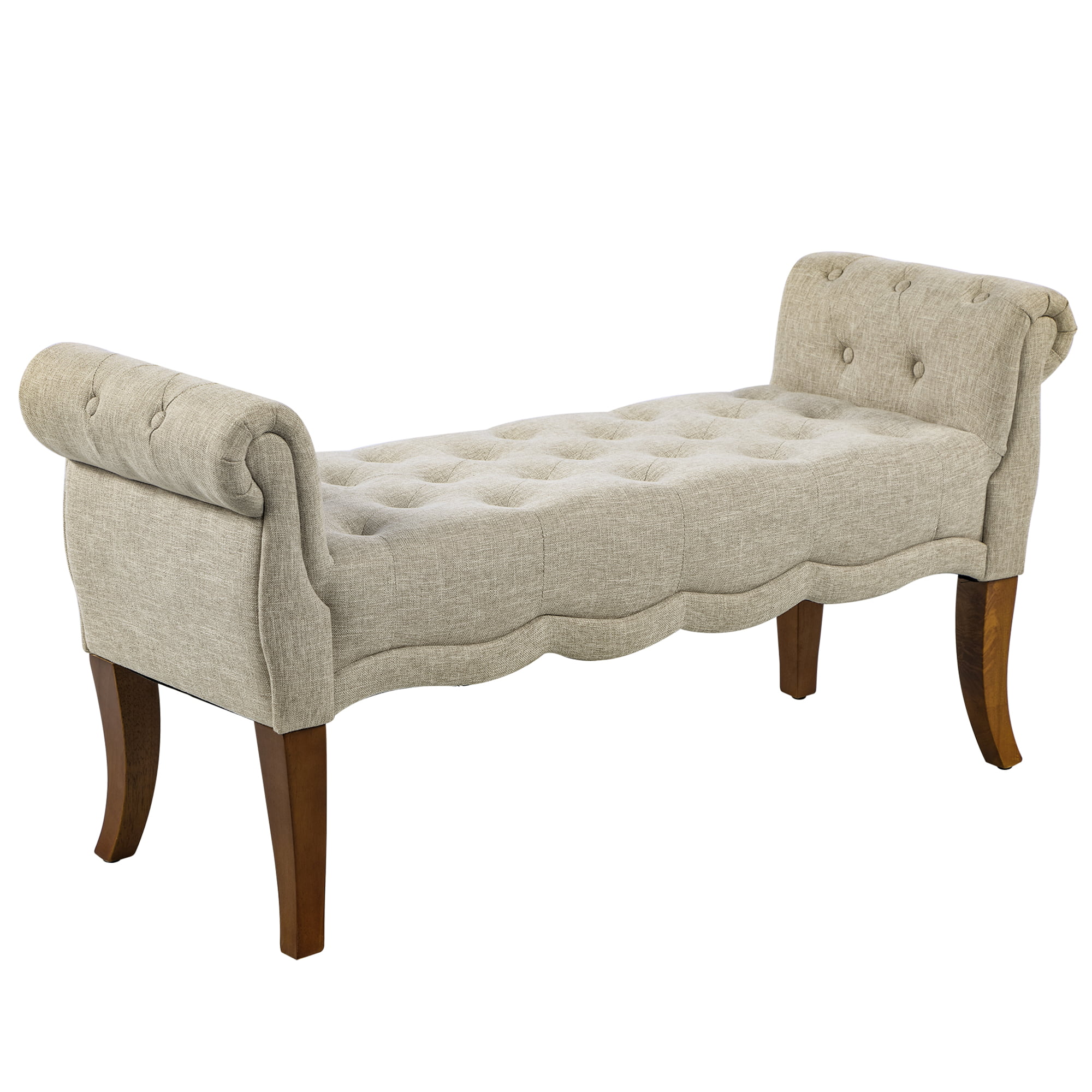 HOMCOM Traditional Style End of Bed Bench. Upholstered Bedroom Entryway Bench with Button Tufted and Rounded Arm. Beige