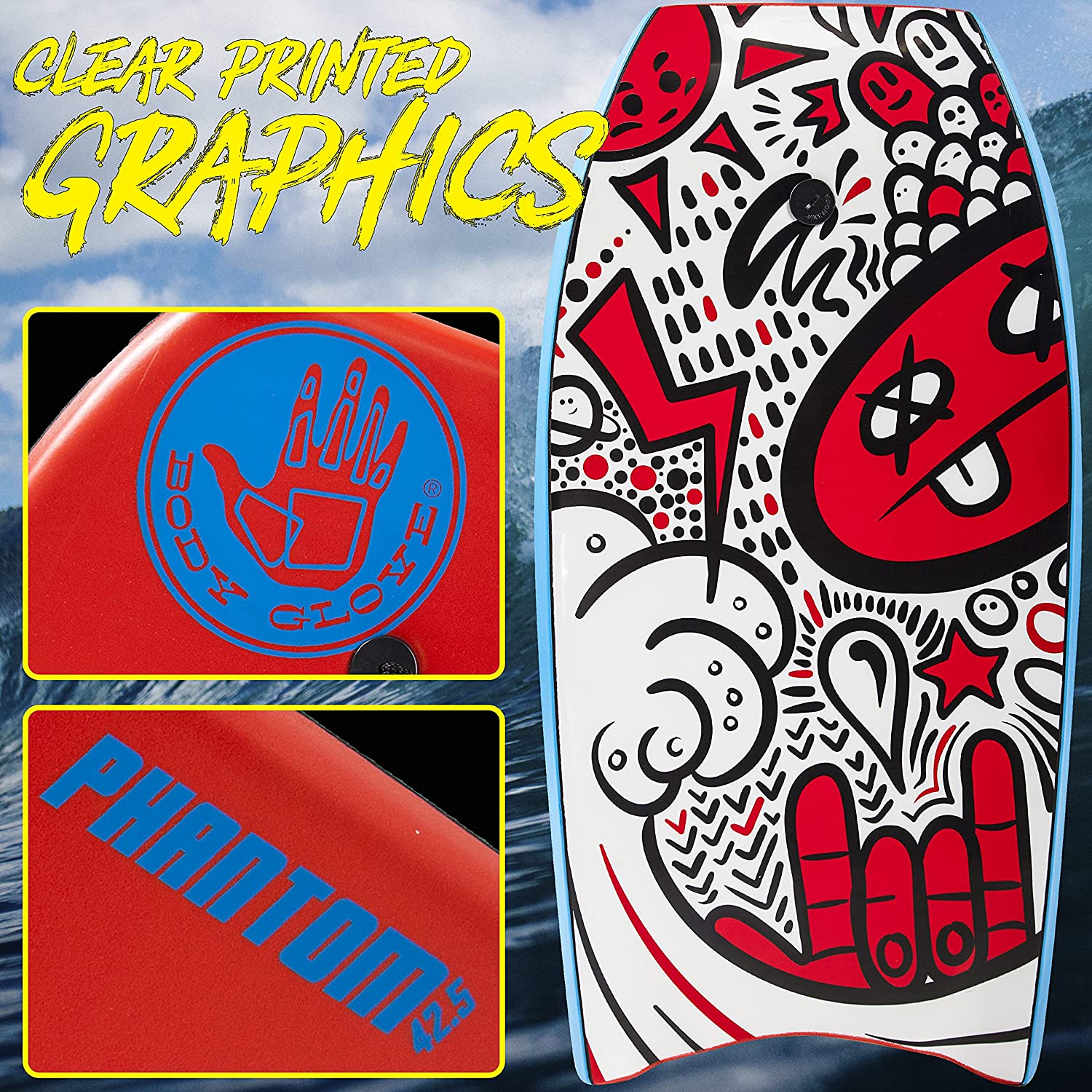 Body Glove Phantom 42.5 Inch Bodyboard - EPS Core. HDPE Slick. Crescent Tail. Graphic Slick. Includes Leash for Men. Women. Kids - Durable