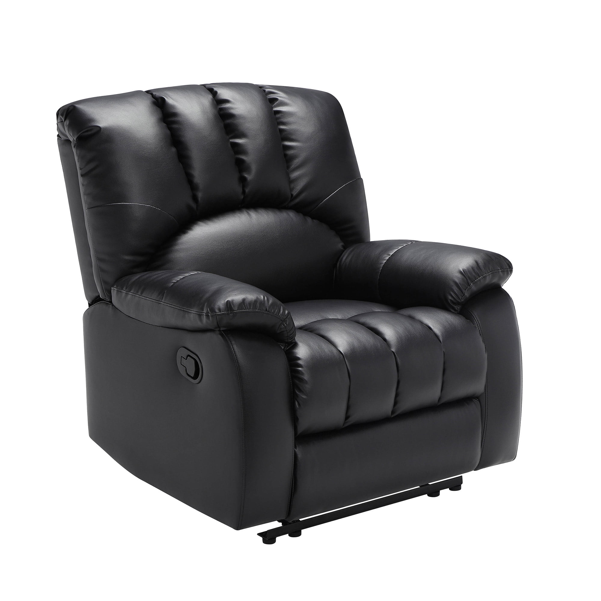 Mainstays Small Space Recliner with Pocketed Comfort Coils. Upholstered. Black Faux Leather
