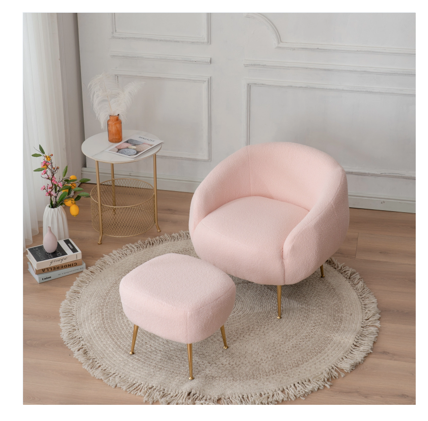DISCOUNTTODAY  FCH Faux Fur Barrel Accent Chair with Ottoman for Bedroom Living Room Guestroom. Pink