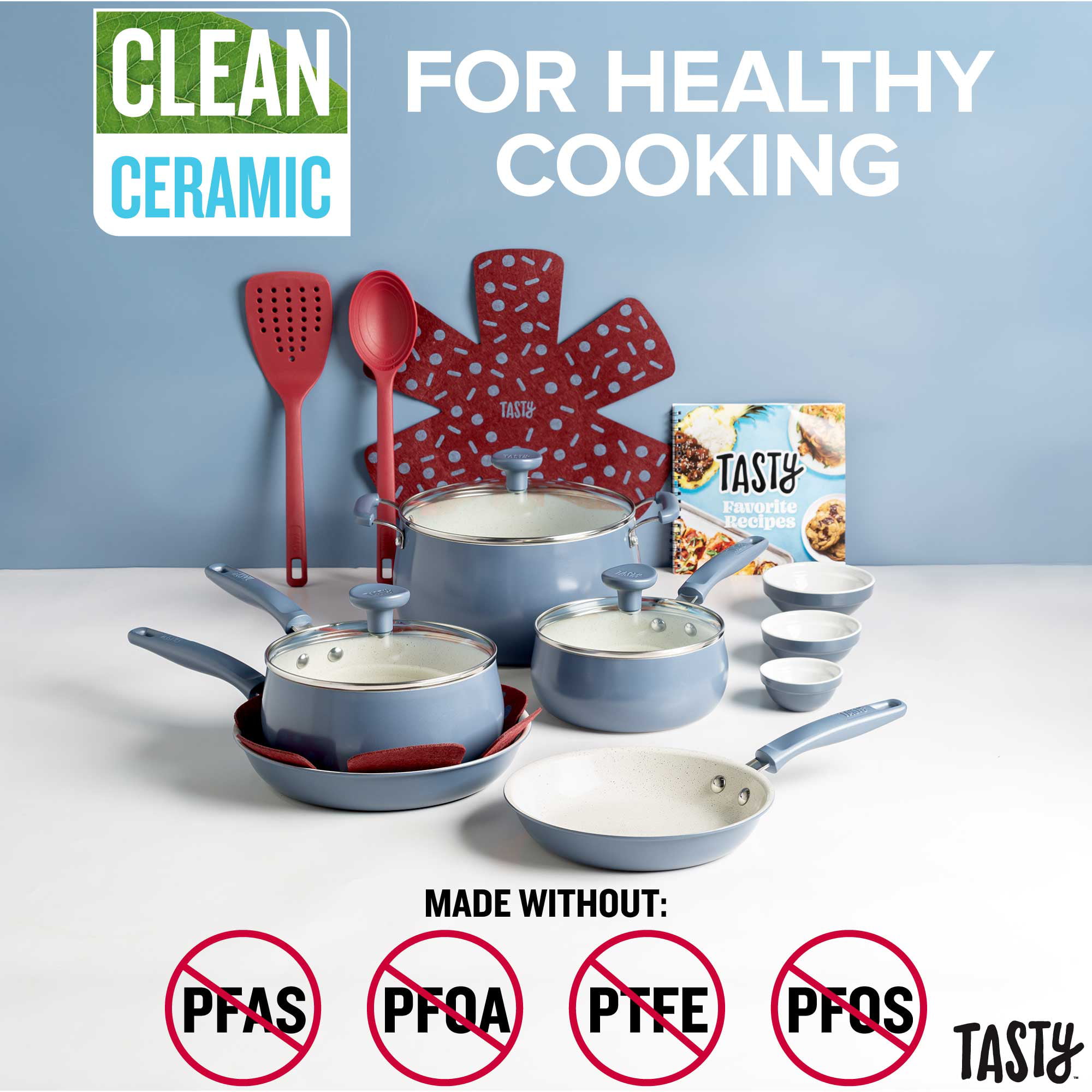 Tasty Clean Ceramic 16 Piece Non-Stick Aluminum Cookware Set. Slate Blue