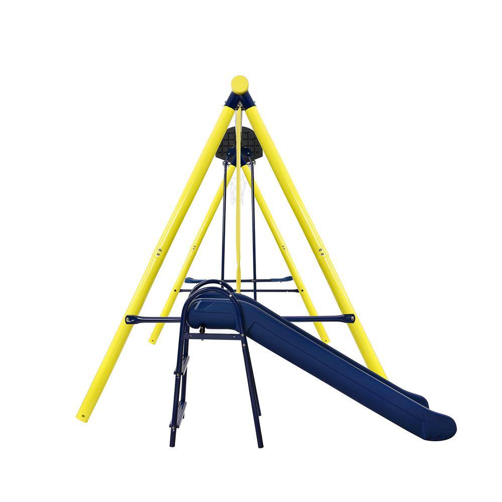 TIRAMISUBEST MS2XY81008AAC Outdoor Utility Metal 5 in 1 Swing Set with 2 Swing. 1 Horizontal Bar. 1 Slide Set and 1 Basketball Hoop