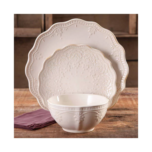 The Pioneer Woman Farmhouse Lace 12-Piece Dinnerware Set. Linen Off-White