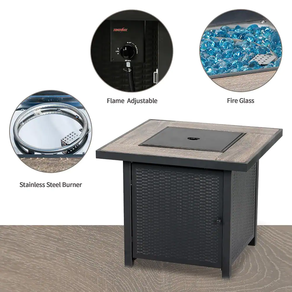 HeatMaxx SRGF11626 30 in. 50.000 BTU Propane Gas Fire Pit Table. Square Gas Firepits with Fire Glass for Outside