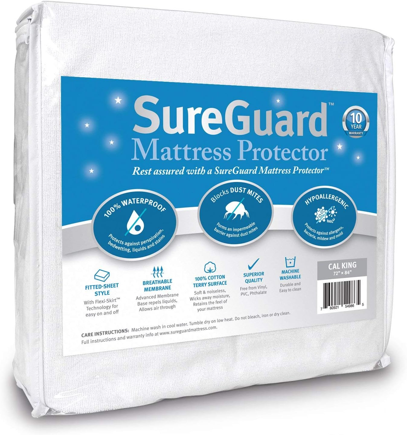 SureGuard California King Mattress Protector - 100% Waterproof. Hypoallergenic - Premium Fitted Cotton Terry Cover
