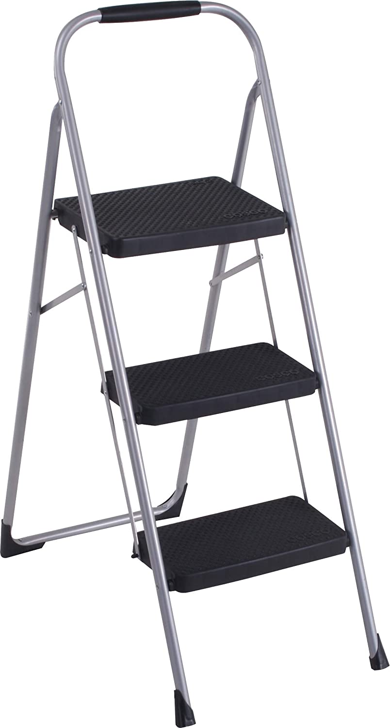Cosco 11408PBL1E Three Big Folding Step Stool with Rubber Hand Grip. Platinum