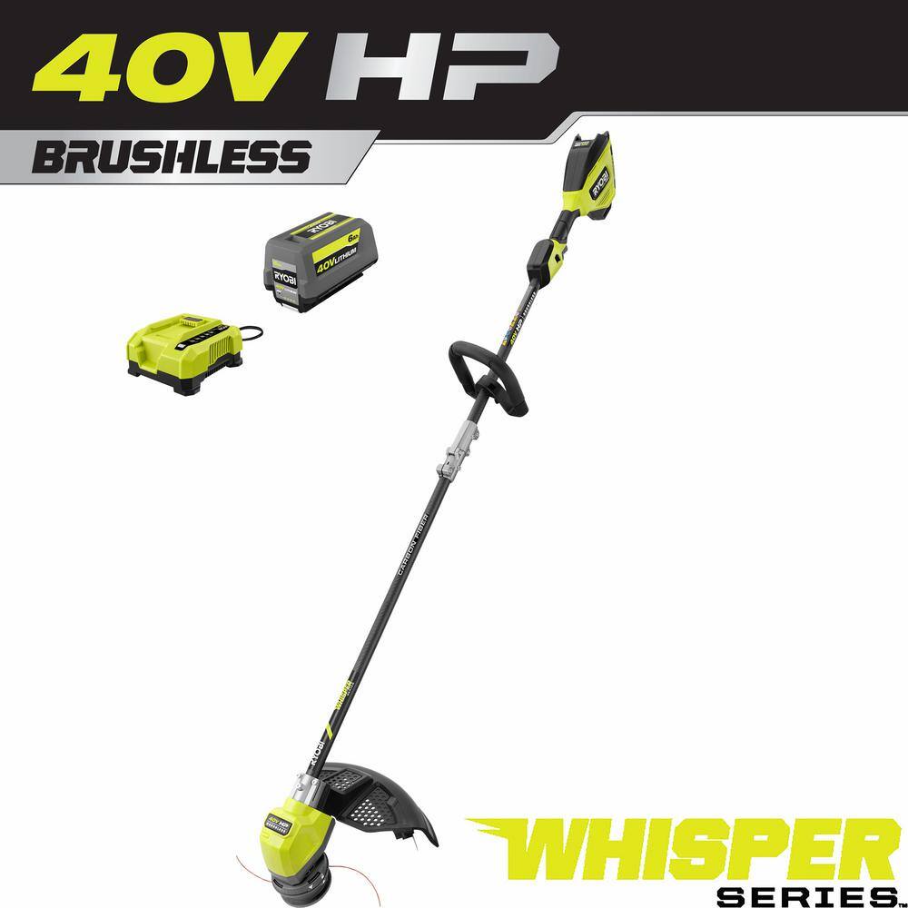 RYOBI RY402110VNM 40V HP Brushless Whisper Series 17 in. Cordless Battery Carbon Fiber Shaft String Trimmer w/ 6.0 Ah Battery & Charger