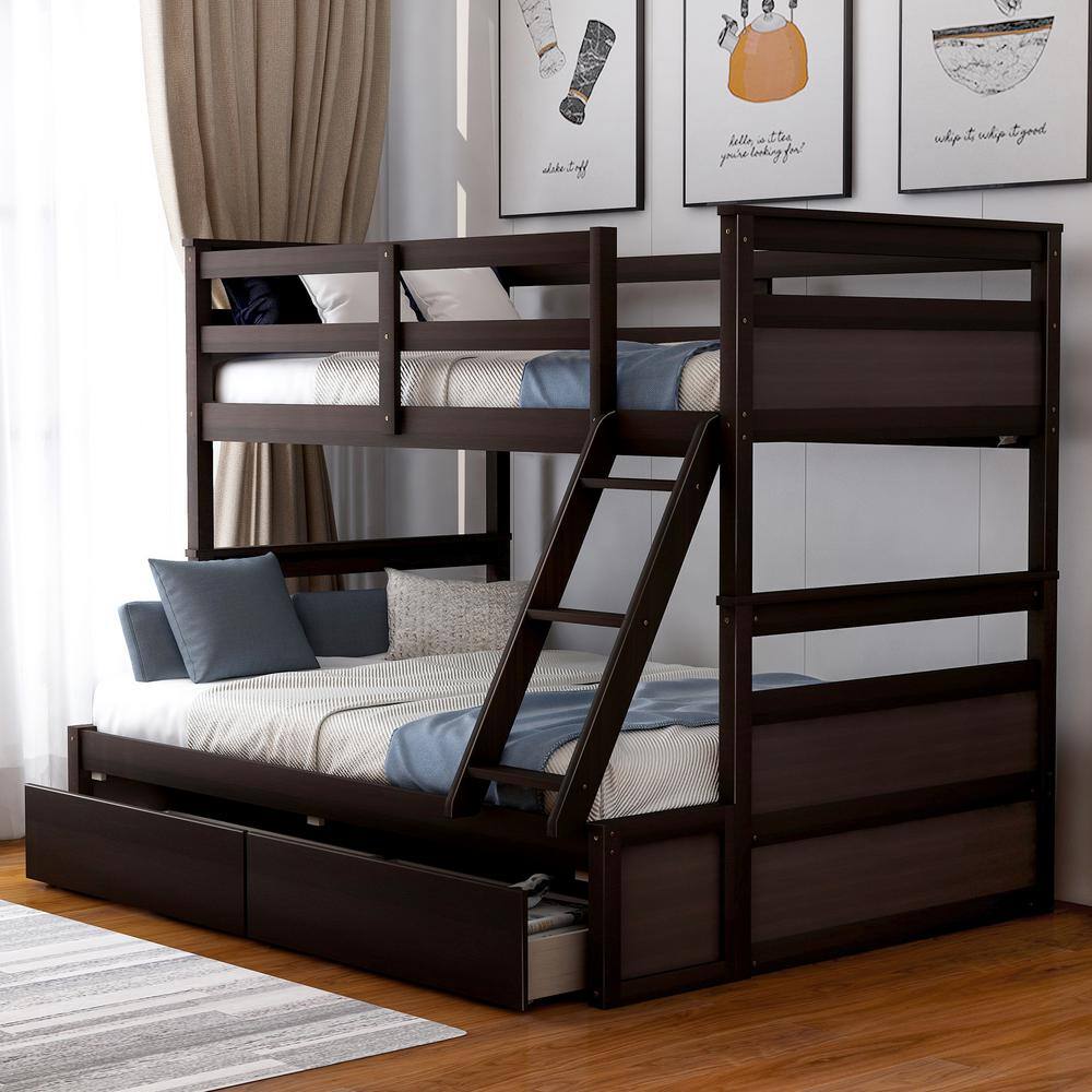 Harper & Bright Designs  Espresso Twin over Full Wood Bunk Bed with 2-Drawers