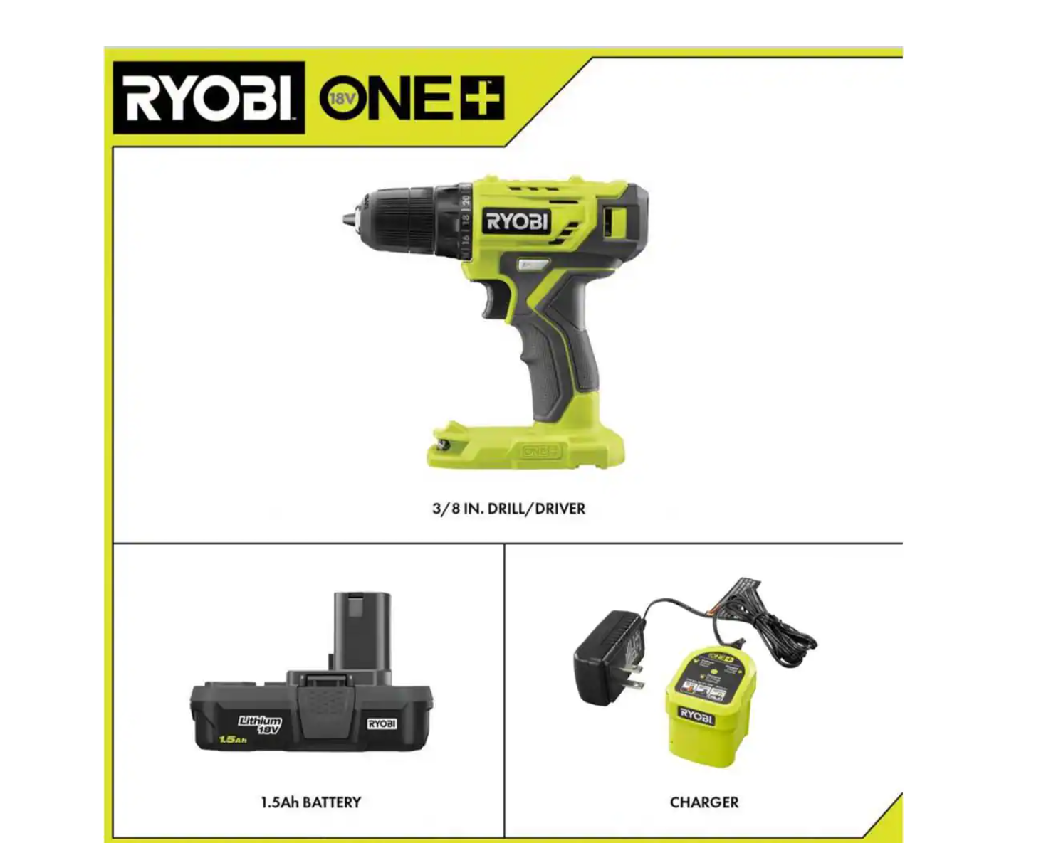 RYOBI PDD209K-A986501 ONE+ 18V Cordless 3/8 in. Drill/Driver Kit with 1.5 Ah Battery. Charger. and Drill and Drive Kit (65-Piece)