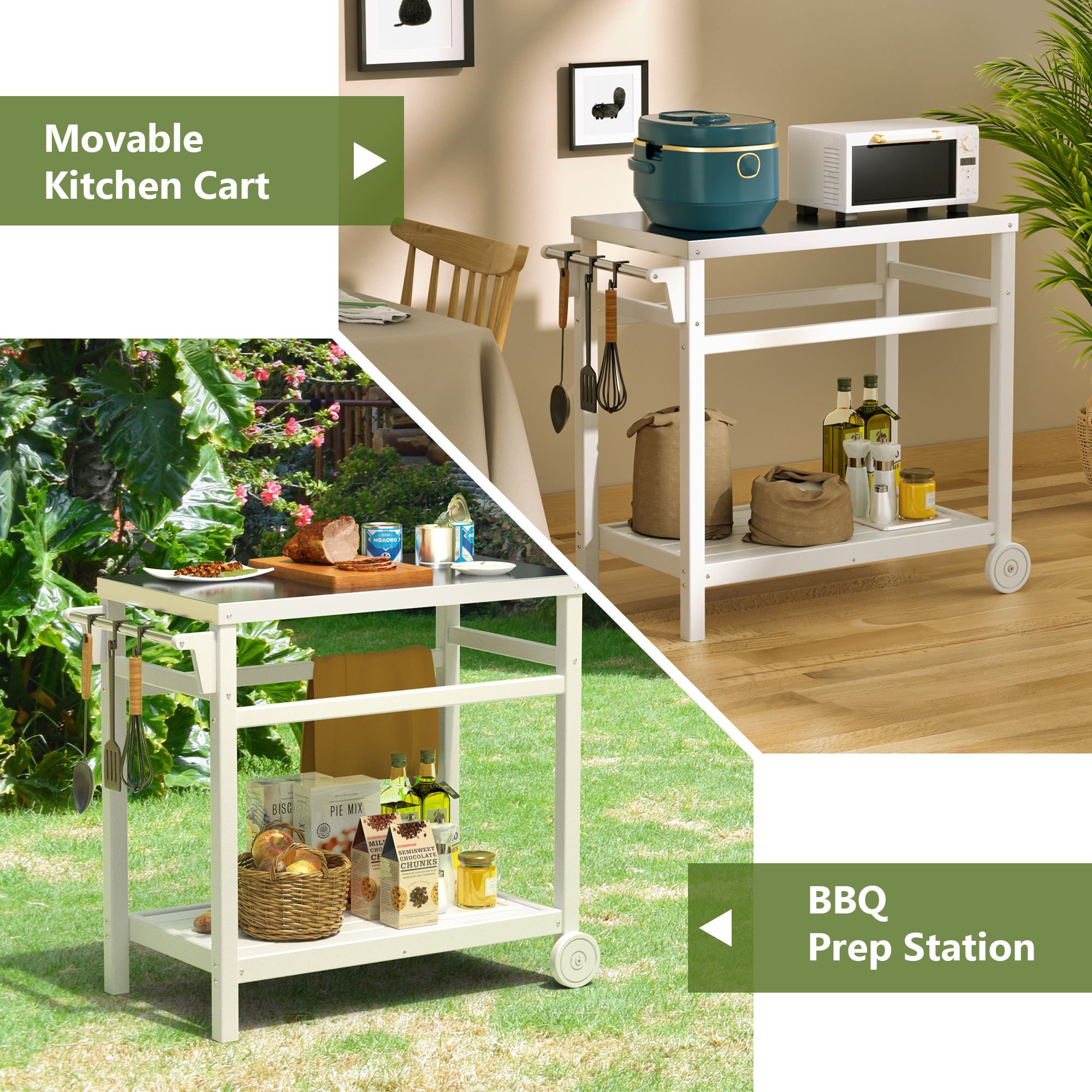 TORVA Outdoor Prep Cart Dining Table for Pizza Oven. Patio Grilling Backyard BBQ Grill Cart. White