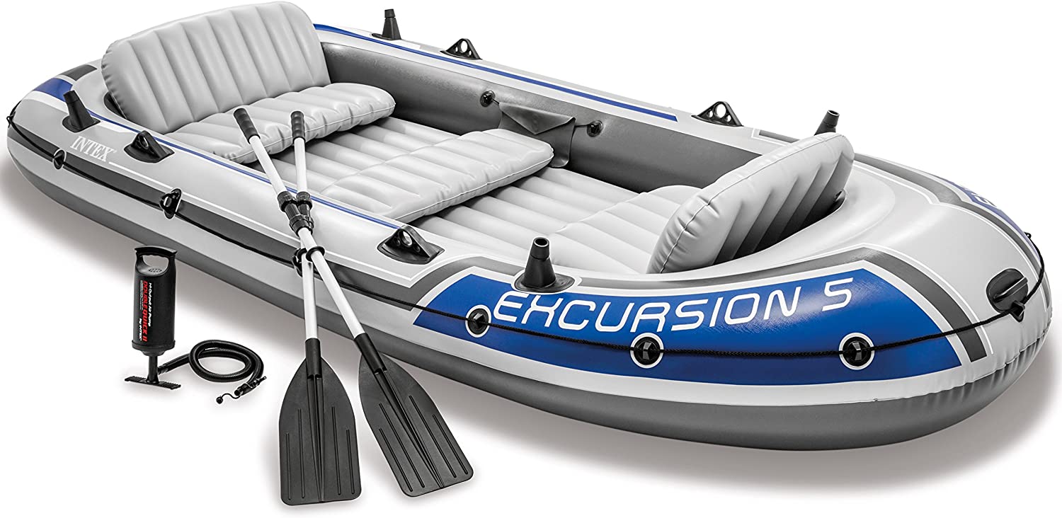 Intex Excursion 5 Person Inflatable Boat Raft Set Heavy Duty Fishing. Gray