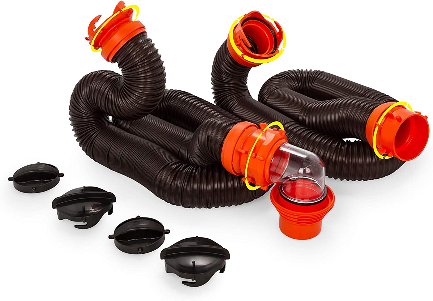 Camco 20′ (39742) RhinoFLEX 20-Foot RV Sewer Hose Kit. Swivel Transparent Elbow with 4-in-1 Dump Station Fitting-Storage Caps Included . Black . Brown