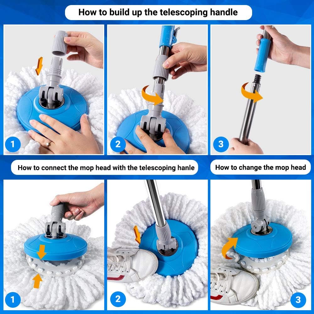 Masthome Mop and Bucket with Wringer Set. Spin Mop and Bucket On Wheels with 5 Microfiber Mop Heads and 1 Floor Brush Head. Self Wringing Mop for Floor Cleaning. 12L