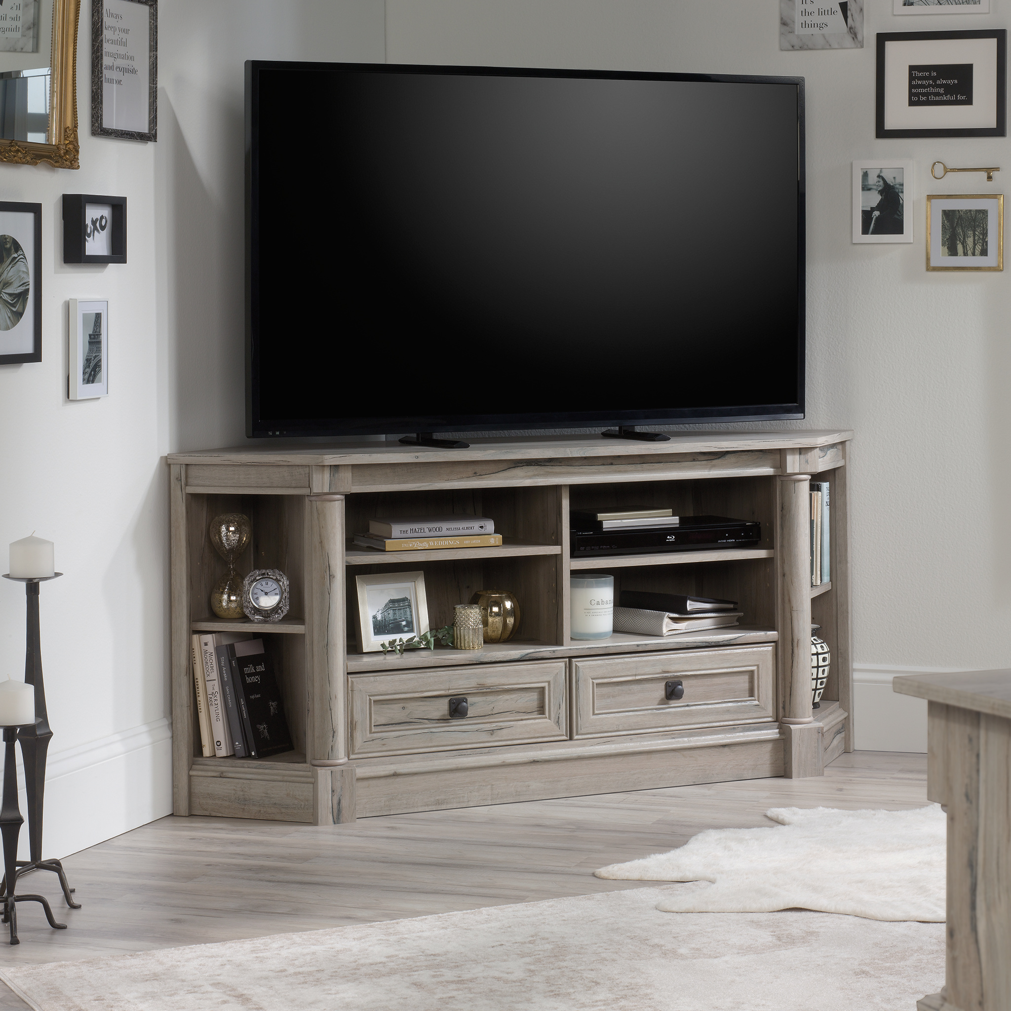 Sauder Palladia Corner Entertainment Credenza. Split Oak Finish