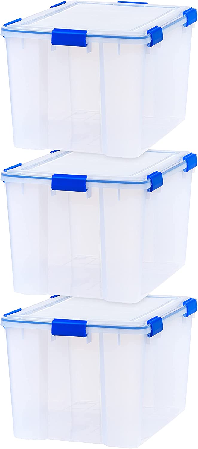 IRIS USA 70 Quart WEATHERPRO Plastic Storage Box with Durable Lid and Seal and Secure Latching Buckles. Clear With Blue Buckles. Weathertight. 3 Pack