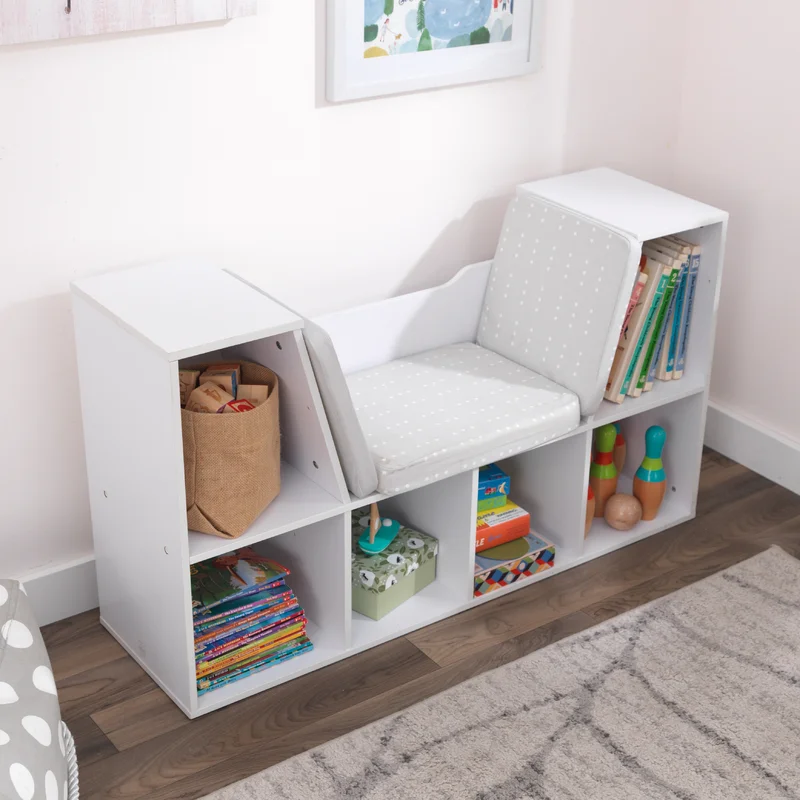 KidKraft Wooden Bookcase with Reading Nook. Storage and Gray Cushion. White. Gift for Ages 3-8