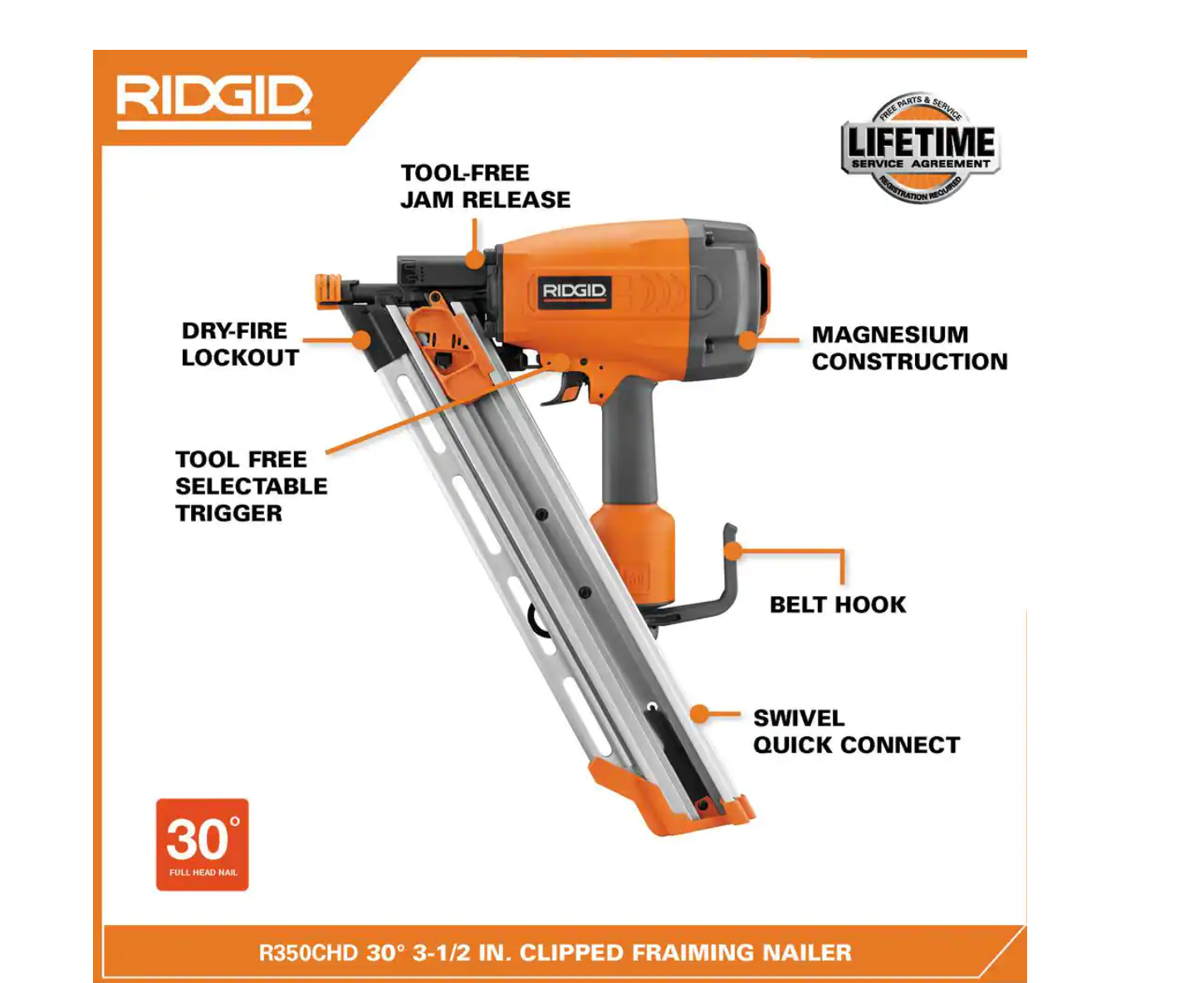 RIDGID R350CHD Pneumatic 30 to 34-Degree 3-1/2 in. Clipped Head Framing Nailer