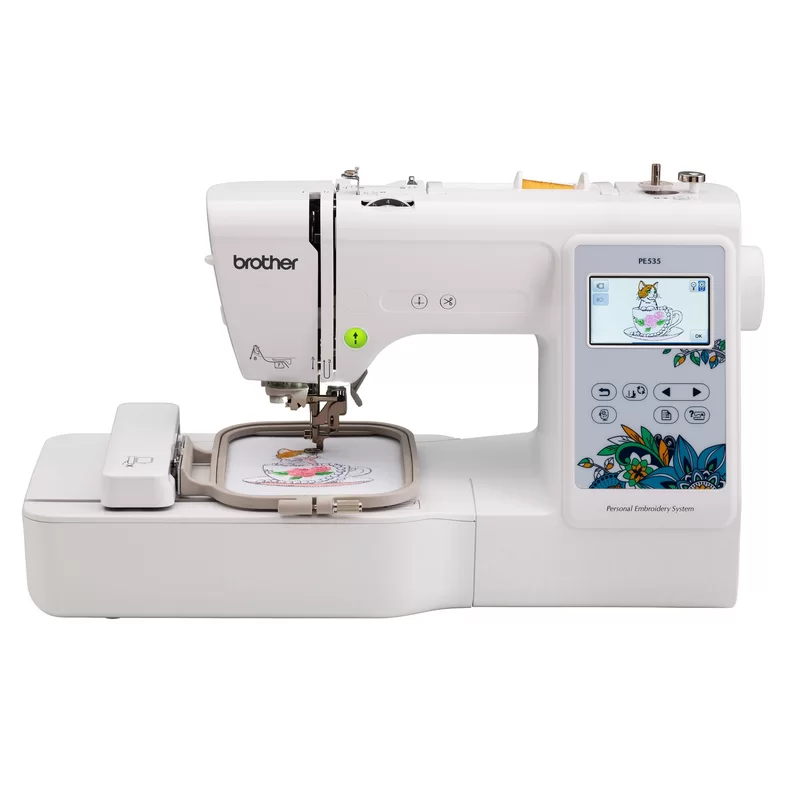 Brother PE535 Embroidery Machine. 80 Built-in Designs. 4″ x 4″ Hoop Area. Large 3.2″ LCD Touchscreen. USB Port. 9 Font Styles