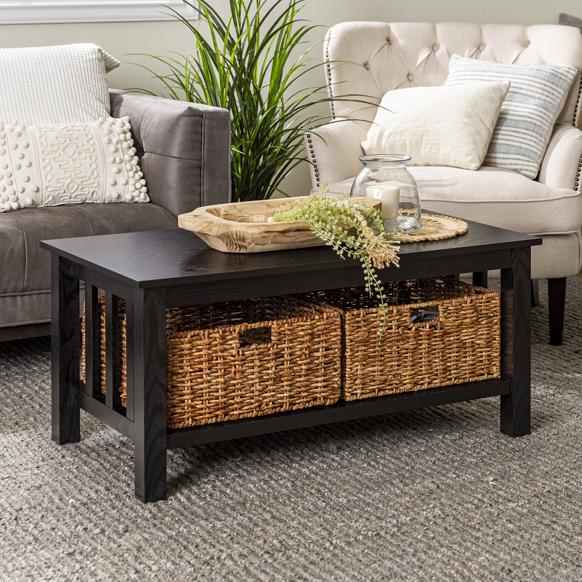 Woven Paths Traditional Storage Coffee Table with Bins. Black