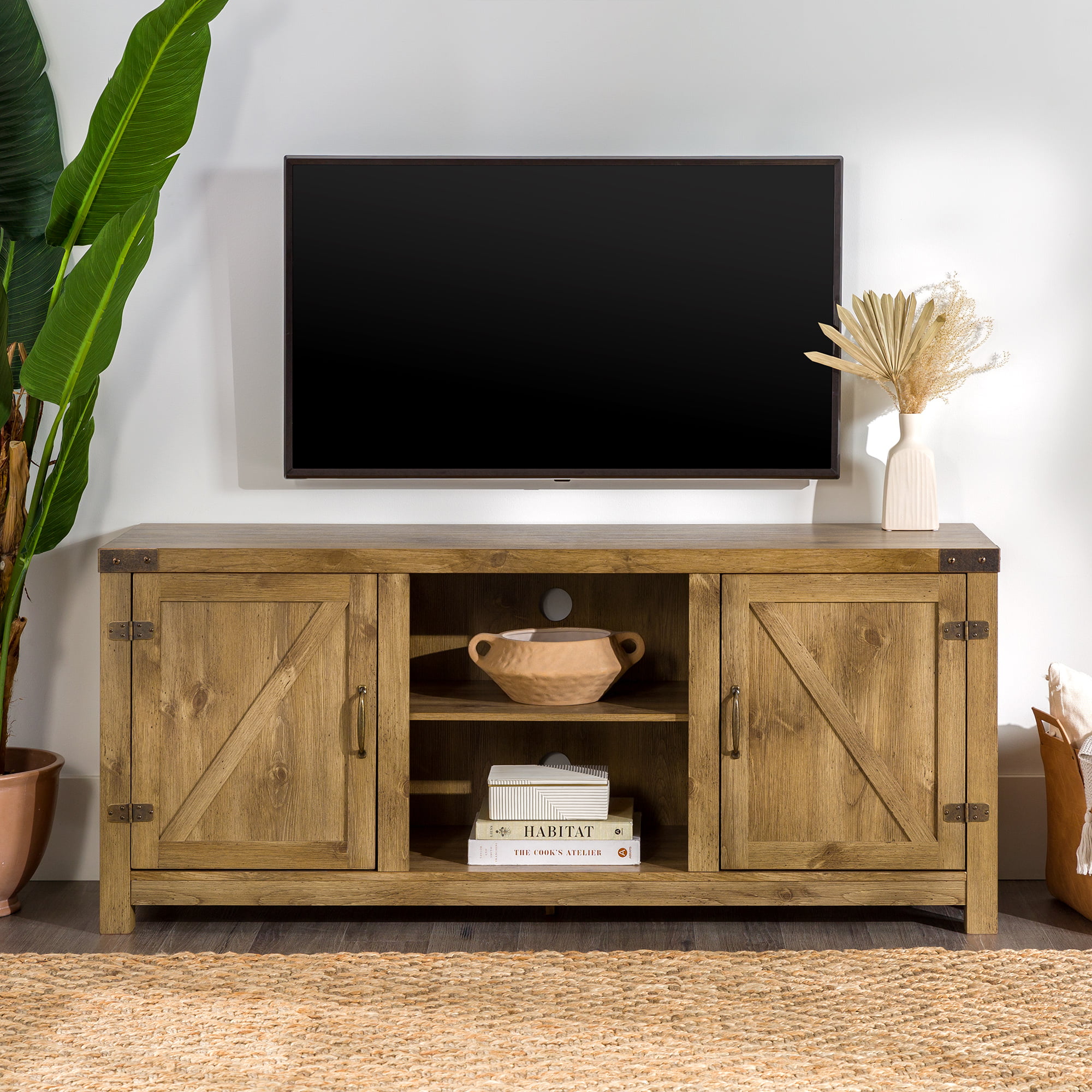 Woven Paths Modern Farmhouse Barn Door TV Stand for TVs up to 65″. Barnwood