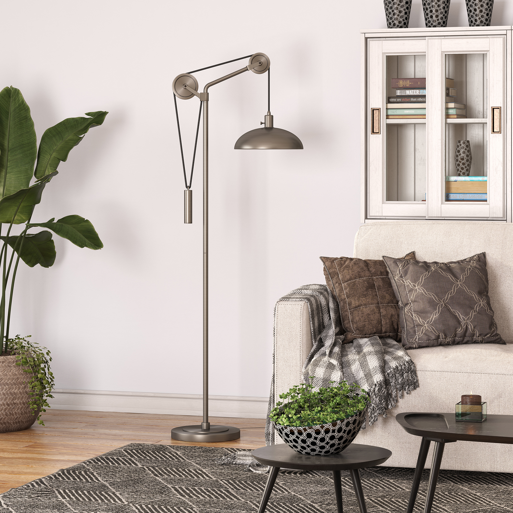 Evelyn&Zoe Industrial Metal Floor Lamp with Solid Wheel Pulley System