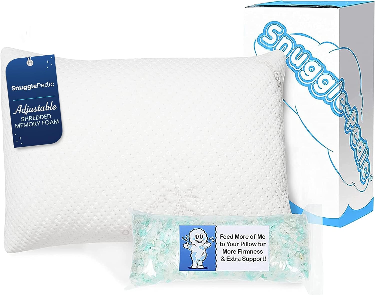 Snuggle-Pedic Adjustable Cooling - Shredded Memory Foam Pillows for Side. Stomach & Back Sleepers - Fluffy or Firm - Keeps Shape - College Dorm Room Essentials for Girls and Guys - Queen
