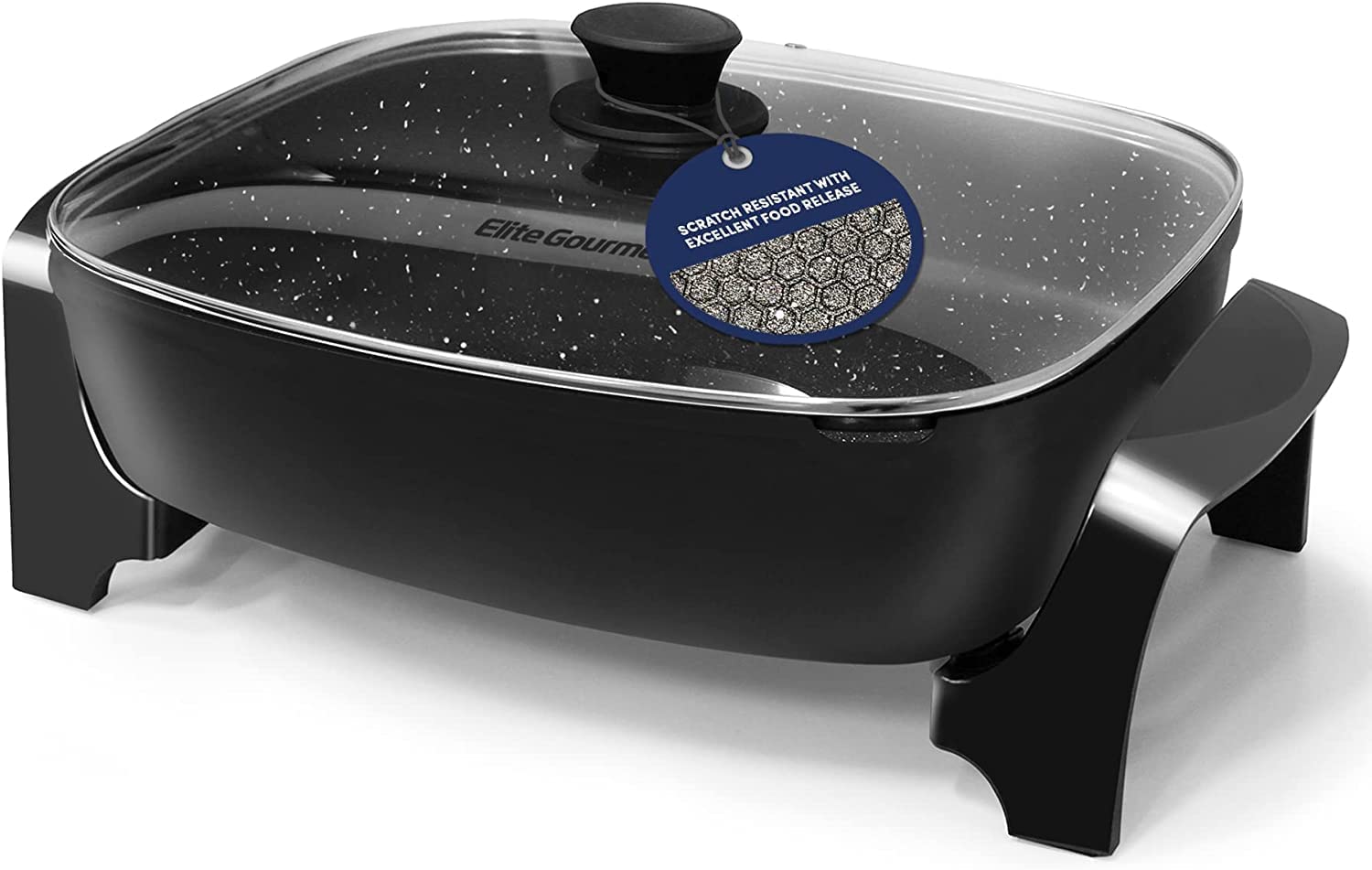 Elite Gourmet EG-6203# Extra Deep 16″x13″x3.2″ (10.5Qt.) Scratch Resistant. Easy Pour Spout Dishwasher Safe. Non-stick Electric Skillet with Glass Vented Lid. Adjustable Temperature. Black