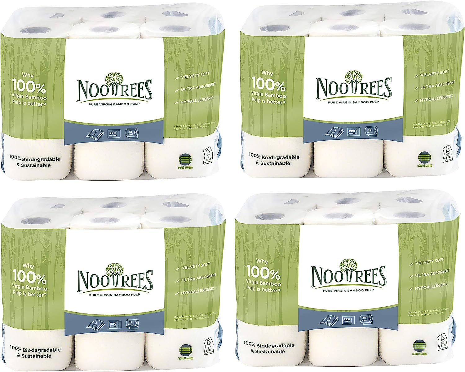 NooTrees Bamboo 3 Ply Bathroom Tissue. 220 Sheets. 12 Rolls. Ecofriendly. Sustainable. Hypoallergenic. Ultra Absorbent Velvety Soft. FSC Certified (48 Rolls)