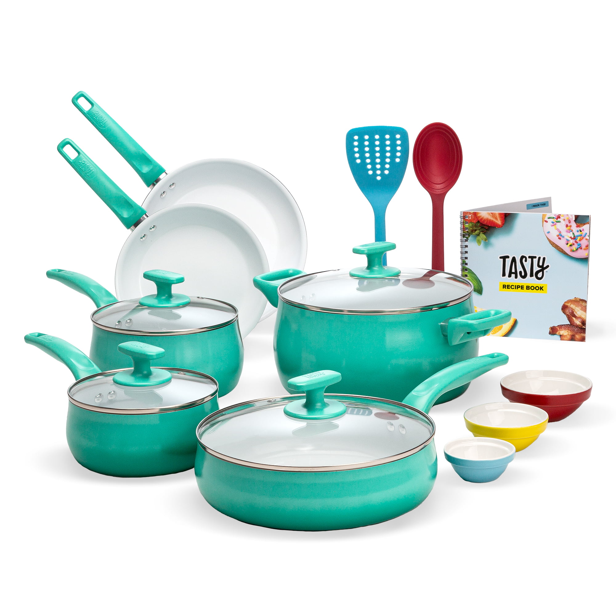 Tasty Ceramic Titanium-Reinforced Cookware Set. Ombre Green. 16 Piece