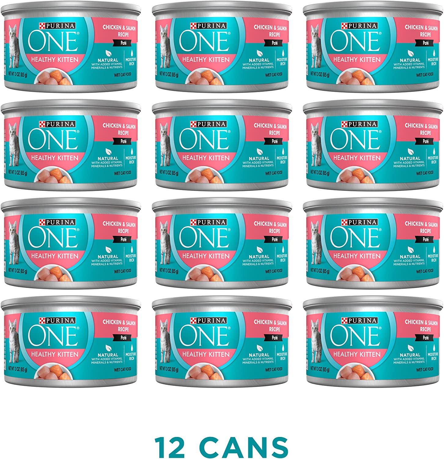 Purina ONE Grain Free Natural Pate Wet Kitten Food. Healthy Kitten Chicken & Salmon Recipe - (12) 3 oz. Pull-Top Cans