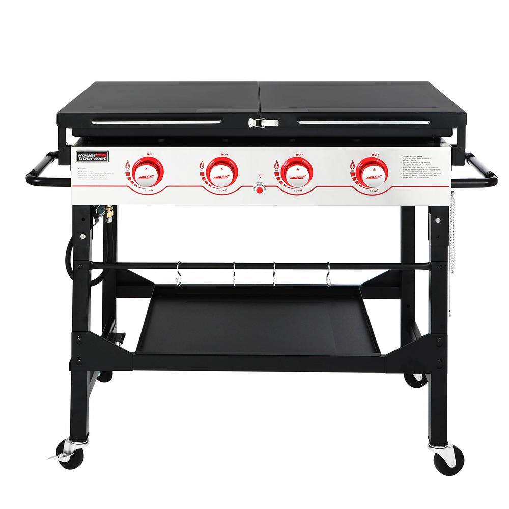Royal Gourmet GB4000F 36 in. 4-Burner Propane BBQ Grill in Black Flat Top Gas Griddle with Top Cover Lid. for Large Outdoor Camping