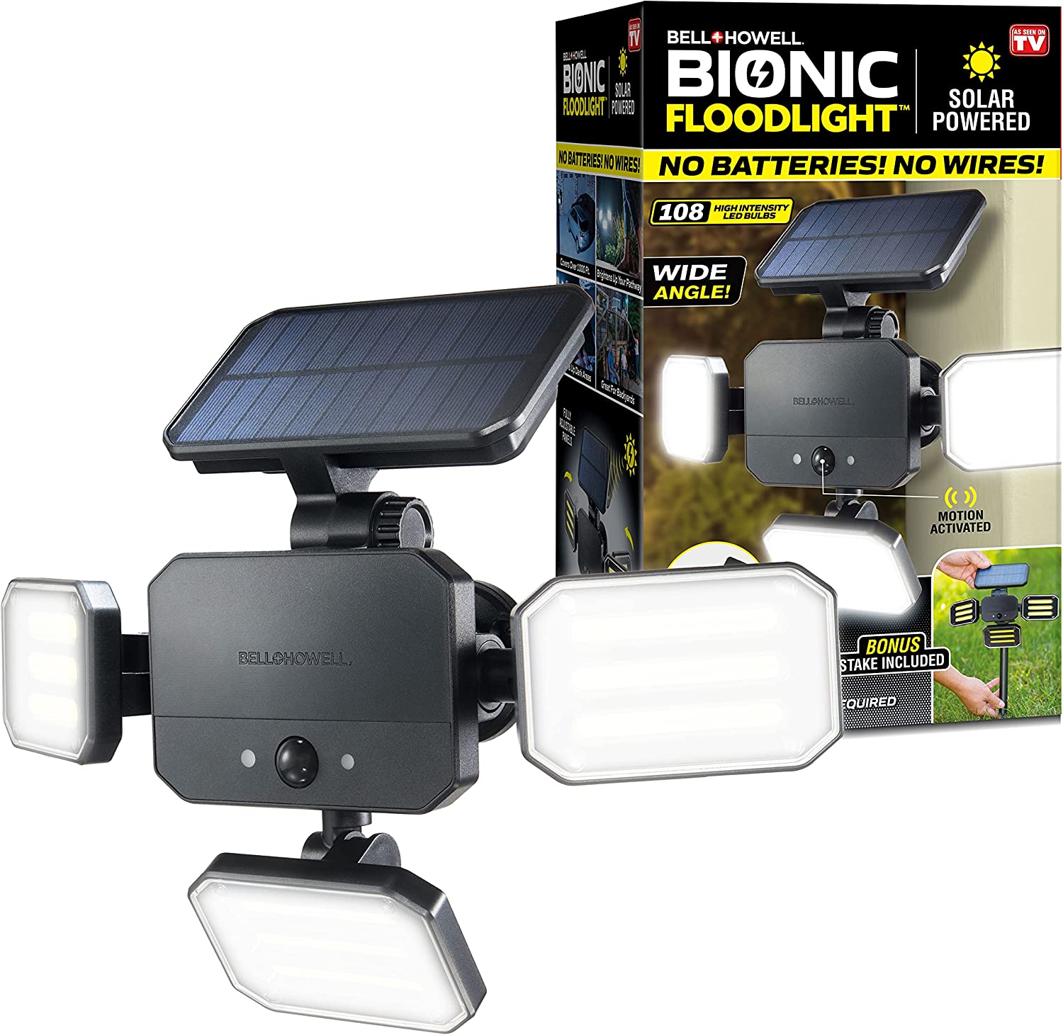 BELL + HOWELL  110-Degree 250-Lumen Black Solar LED Outdoor Motion-Activated Flood Light - Bionic Floodlight 180 Degrees Swiveling Light  with Motion Sensor LED 108 High Power LED Bulbs Adjustable Panels for Garden Patio As Seen On TV