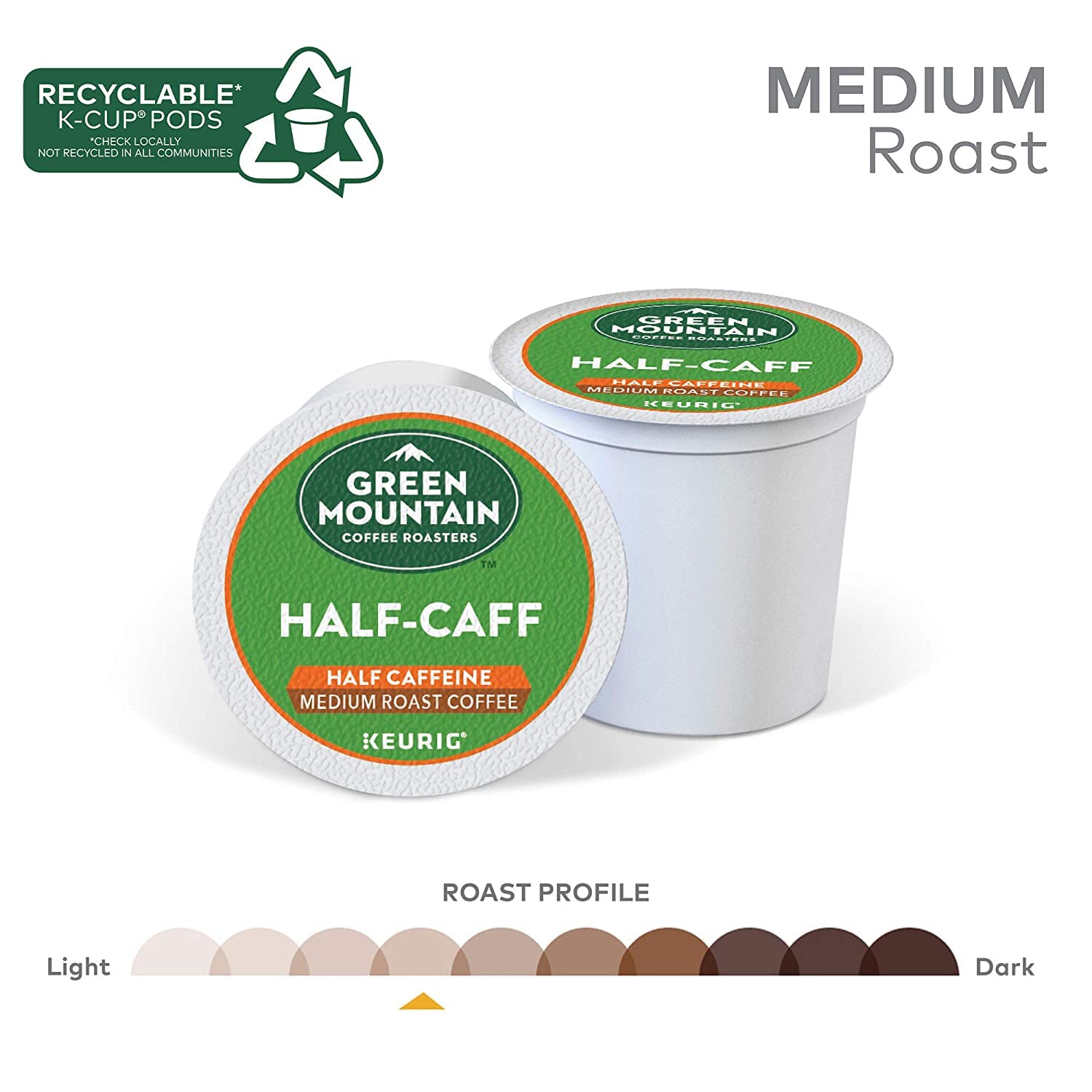 Green Mountain Coffee Roasters Half Caff. Single-Serve Keurig K-Cup Pods. Genuine Medium Roast Coffee. 144 Count (Pack of 1)