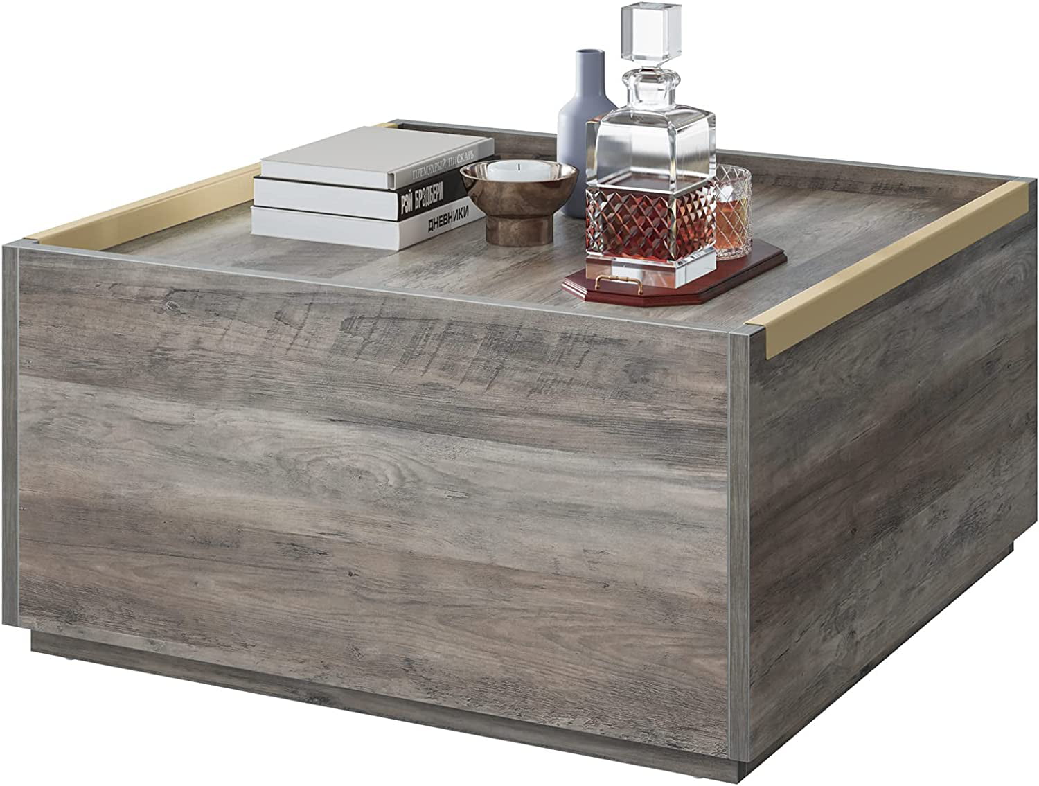 YITAHOME Square Coffee Table with Storage. Coffee Tables for Living Room. Large Table with Drawers for Bedroom.Gold Metal Handle.Grey Wash