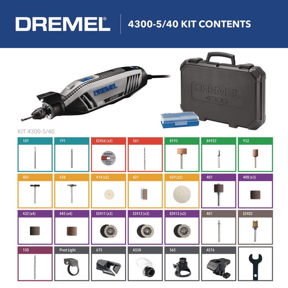 Dremel 4300-5/40 4300 Series 1.8 Amp Variable Speed Corded Rotary Tool Kit with Mounted Light. 40 Accessories. 5 Attachments and Case