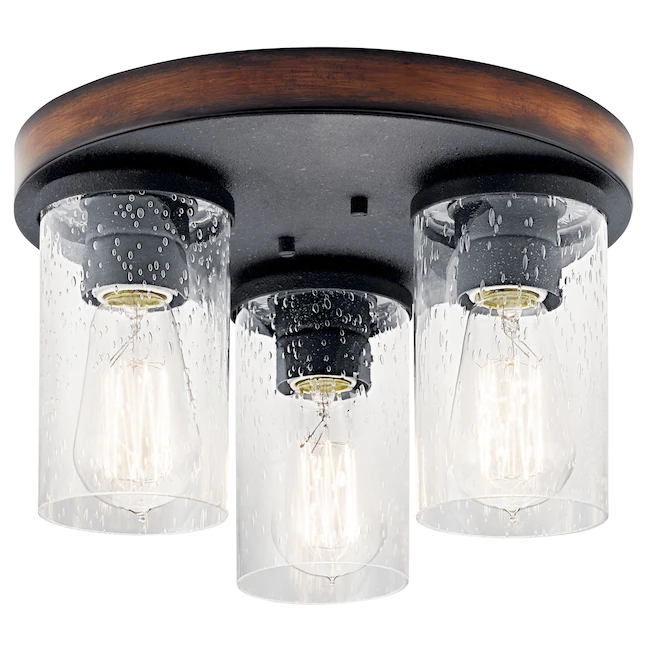 Kichler  Barrington 3-Light 11.5-in Distressed Black and Wood Tone Incandescent Flush Mount Light | Ceiling Flush Mount Light