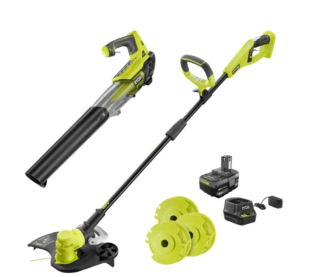 RYOBI P2035-AC ONE+ 18V Cordless String Trimmer/Edger and Blower with Extra 3-Pack of Spools. 4.0 Ah Battery and Charger
