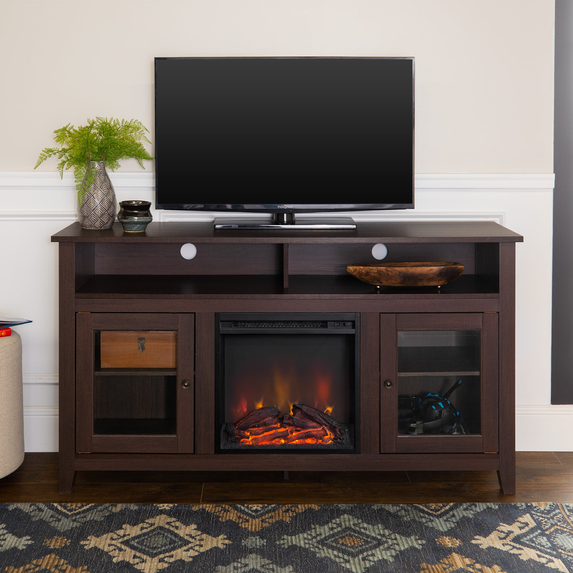 Woven Paths Highboy 2 Door Electric Fireplace TV Stand for TVs up to 65″. Espresso