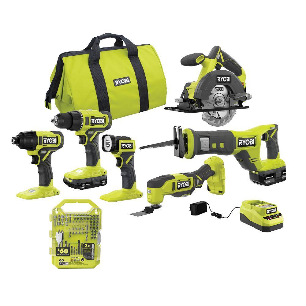 RYOBI PCL1600K2-A986501 ONE+ 18V Cordless 6-Tool Combo Kit with 1.5 Ah and 4.0 Ah Batteries. Charger