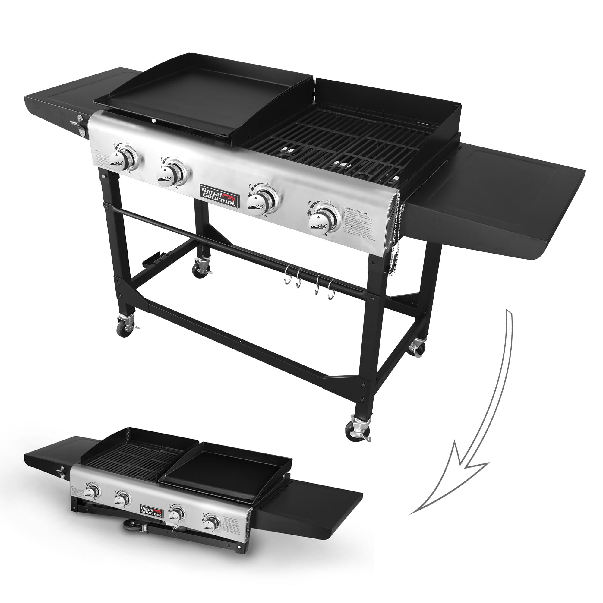 Royal Gourmet 4-Burner GD401 Portable Flat Top Gas Grill and Griddle Combo with Folding Legs