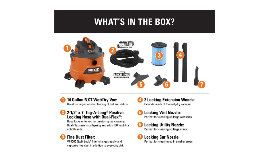 RIDGID HD1400 14 Gallon 6.0-Peak HP NXT Wet/Dry Shop Vacuum with Fine Dust Filter. Hose and Accessories