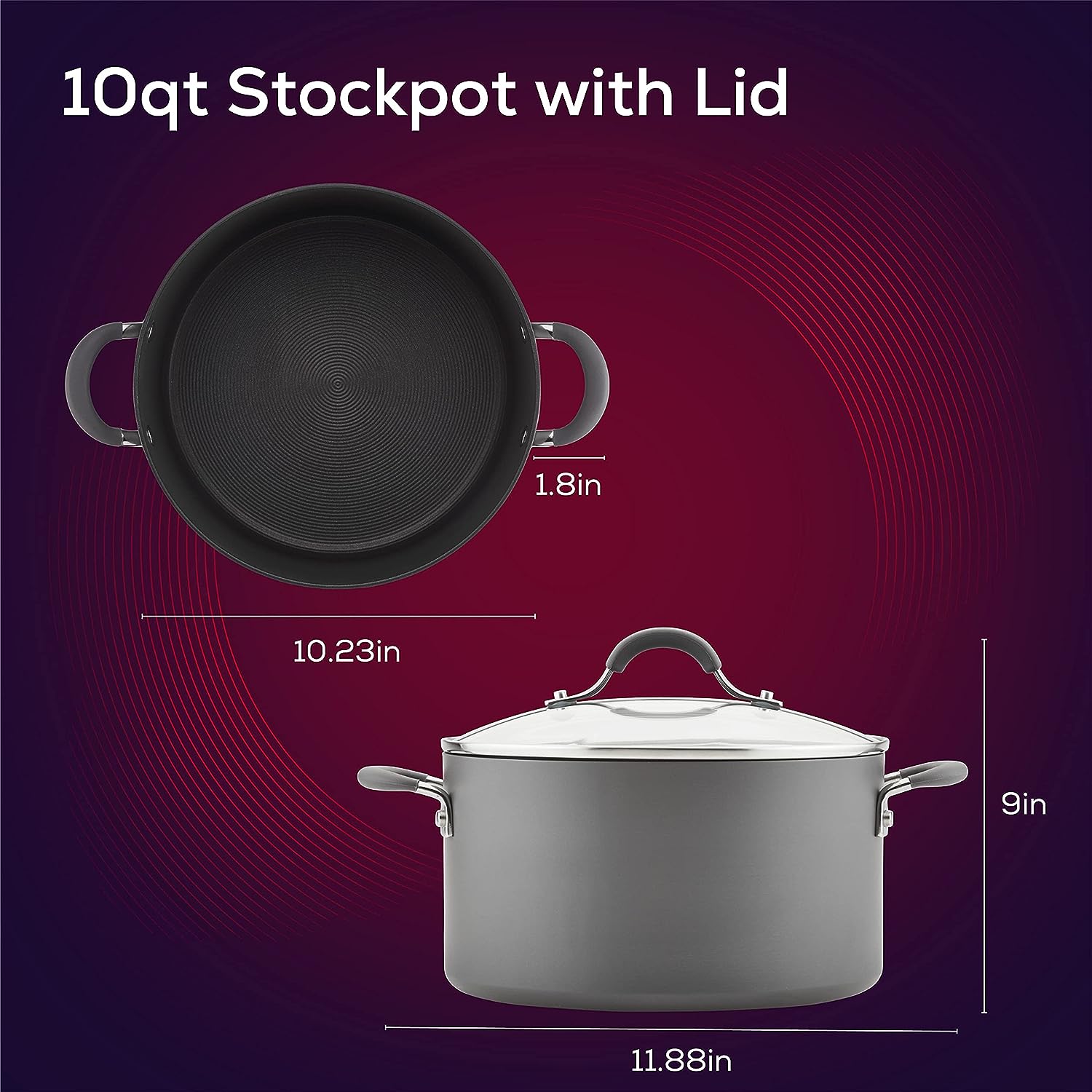 Circulon 83909 Radiance Hard Anodized Nonstick Stock Pot/Stockpot with Lid - 10 Quart. Gray
