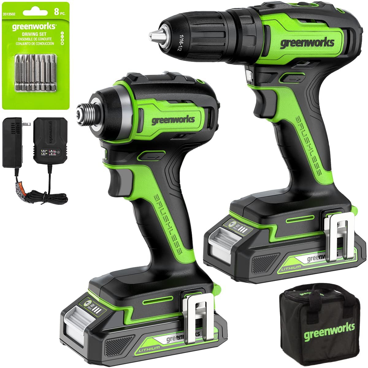 Greenworks 24V Brushless 1/2″ Drill + 1/4″ Impact Driver Combo Kit W/ (2) Batteries and Charger Included